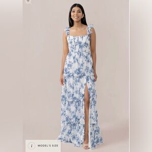 Revelry Poppy Chiffon Floral Print Dress - Dusty Blue Bouquet - Size 6